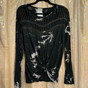 Vocal Black Bling Rhinestone Laser Cut Tie Dye Long Sleeve T Shirt Small NWT